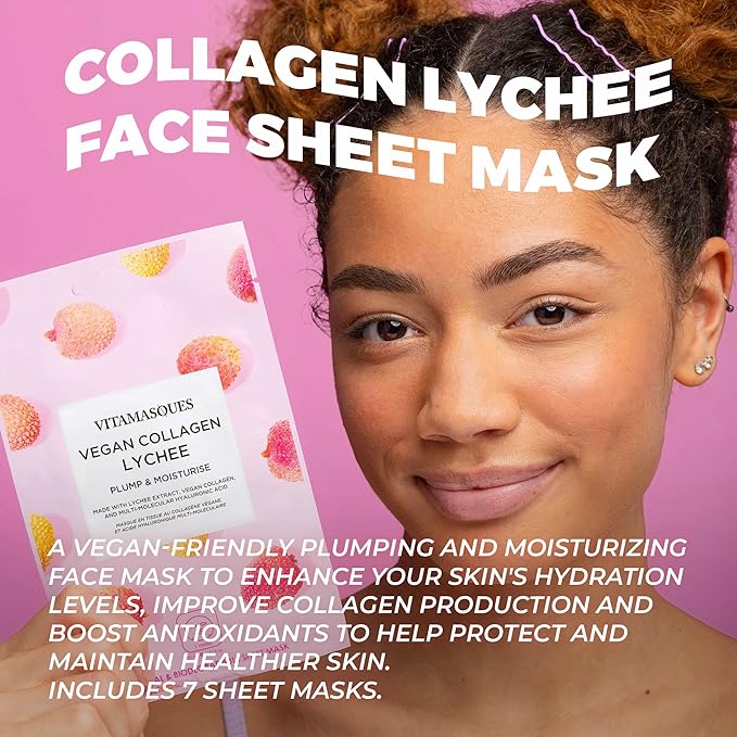 Vitamasques Vegan Collagen Lychee Face Sheet Mask Plumping & Moisturizing Facial Mask with Lychee Extract & Hyaluronic Acid - Natural & Biodegradable