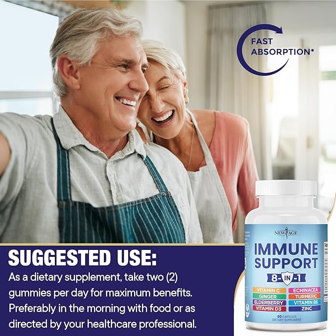 NEW AGE 8 in 1 Immune Support Booster Supplement with Echinacea, Vitamin C and Zinc 50mg, Vitamin D 5000 IU, Turmeric Curcumin & Ginger, B6, Elderberry (8 in 1 Capsules (Pack of 5))
