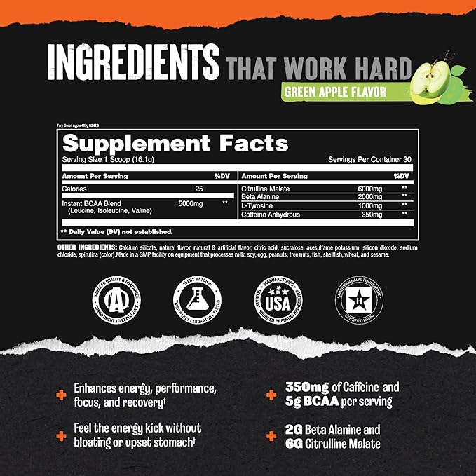 Animal Fury Pre Workout Powder - Energy and Focus Supplement with 5g BCAA, 350mg Caffeine Nitric Oxide Booster with Beta-Alanine, Preworkout for Men and Women, Green Apple Flavor, 30 Servings