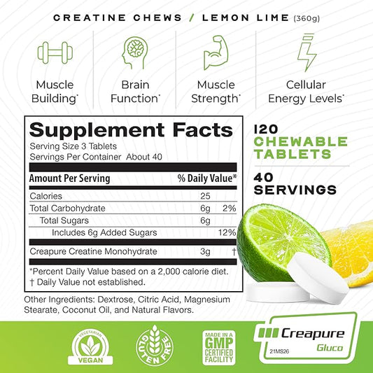 Muscle Feast Vegan Creatine Monohydrate, Gluten-Free Creapure Chews, Lemon Lime, 120 Tabs