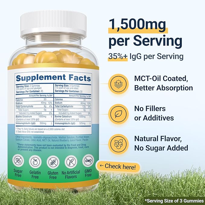 Sugar-Free Colostrum Gummies (1500mg) Bovine Colostrum for Humans, Grass-Fed Colostrum Supplement for Gut Health, Leaky Gut Repair, Immune Support, Skin Health - 35% IgG Per Serving