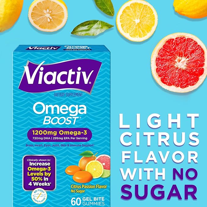 Viactiv Omega Boost Supplement, 1200 mg Omega-3s, 60 Chewable Gel Bite Gummies (Packaging May Vary)