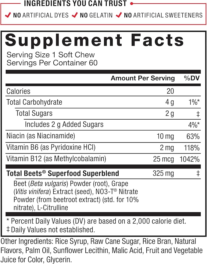 Force Factor Total Beets Soft Chews with Beetroot, Nitrates, L-Citrulline, Grapeseed Extract, and Antioxidants, Healthy Energy Supplement with Elite Ingredients, Heart Health Superfood, 60 Chews