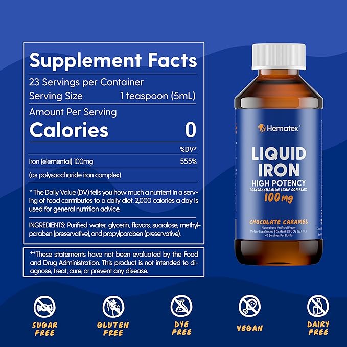 Iron Supplements for Men High Potency Liquid Iron for Adults by Hematex - 100mg Polysaccharide Iron Complex Iron Supplements for Anemia and Iron Deficiency