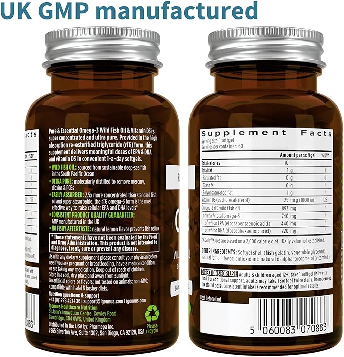 Advanced Omega-3 Wild Fish Oil & Vitamin D3 1000iu, 1-a-Day, Triglyceride Form EPA & DHA Fatty Acids, Fast-Acting rTG, Ultra Pure & Non-GMO, 360 Softgels, by Igennus