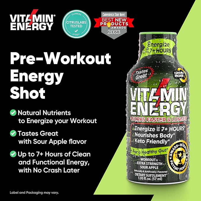 Vitamin Energy Pre Workout Drink - Keto Friendly Sugar Free Shots | Natural Clean Green Tea Caffeine with Proprietary Endurance Blend | Energize up to 7+ Hours - Sour Apple - 1.93 Fl Oz (Pack of 12)