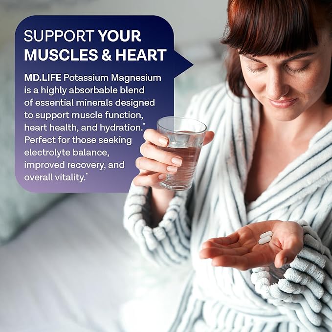 MD. Life Magnesium Potassium Supplement - 120 Capsules - High Absorption Magnesium Complex - Magnesium Supplement to Support Vascular Health & Leg Cramp 120cts