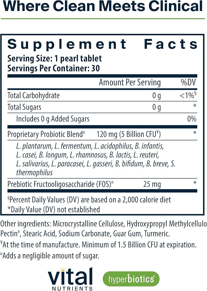 Hyperbiotics Vital Nutrients Pro-15 Pre + Probiotic | 15 Strains| Supports Occasional Constipation, Diarrhea, Gas & Bloating | Immune, Digestive & Gut Health | Shelf-Stable | Vegan | 30 Pearl Tablets