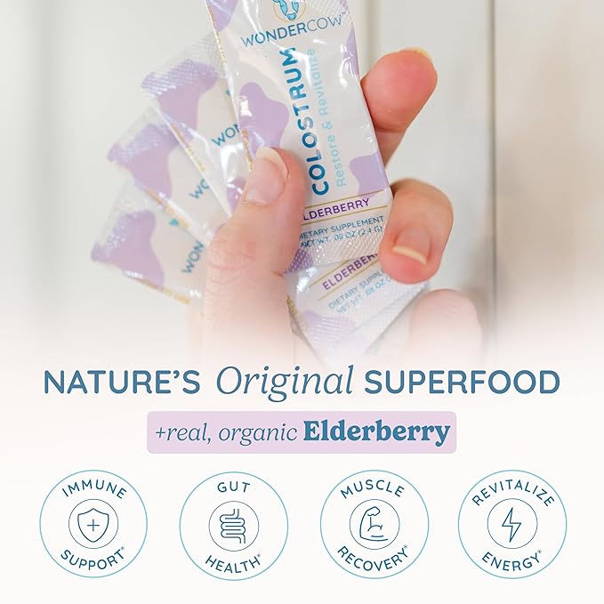 WONDERCOW Colostrum Powder Supplement for Gut Health, Immune Support, Muscle Recovery & Wellness | 40% IgG Highly Concentrated Pure Bovine Colostrum Superfood, Gluten Free, Elderberry, 30 Servings