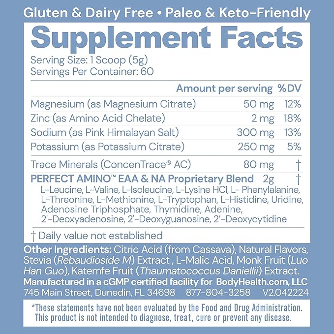 BodyHealth PerfectAmino Electrolytes Powder, Hydration Powder, Sugar Free Electrolyte Drink Mix, Keto Electrolytes Powder, Non GMO, Mixed Berry Flavor (60 Servings)