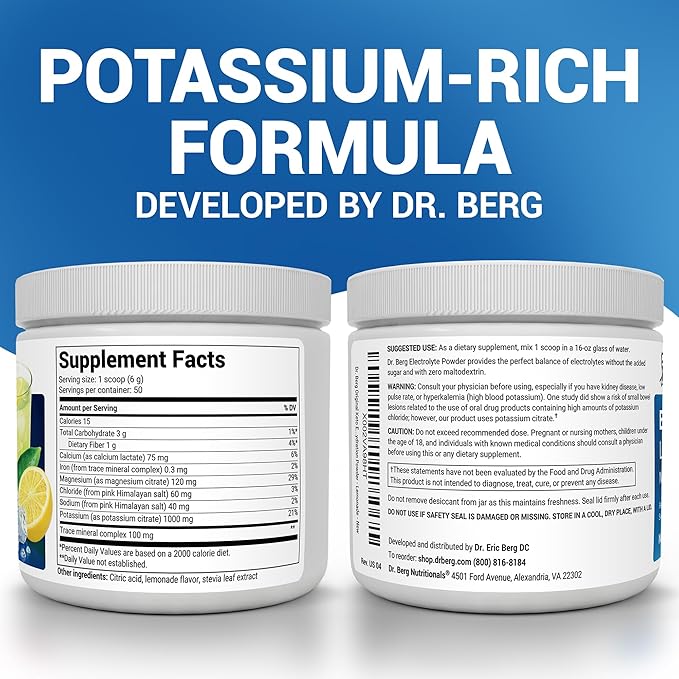 Dr. Berg Zero Sugar Hydration Keto Electrolyte Powder - Enhanced w/ 1000 mg of Potassium & Real Pink Himalayan Salt (NOT Table Salt) - Lemonade Flavor Hydration Drink Mix Supplement - 50 Servings