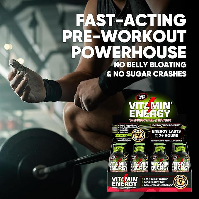 Vitamin Energy Pre Workout Drink - Keto Friendly Sugar Free Shots | Natural Clean Green Tea Caffeine with Proprietary Endurance Blend | Energize up to 7+ Hours - Sour Apple - 1.93 Fl Oz (Pack of 24)