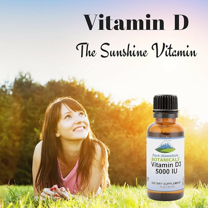 Pure Mountain Botanicals Liquid Vitamin D Drops - Unflavored Kosher D3 Liquid Drops in MCT Oil - 5000IU per Serving - 1oz Bottle