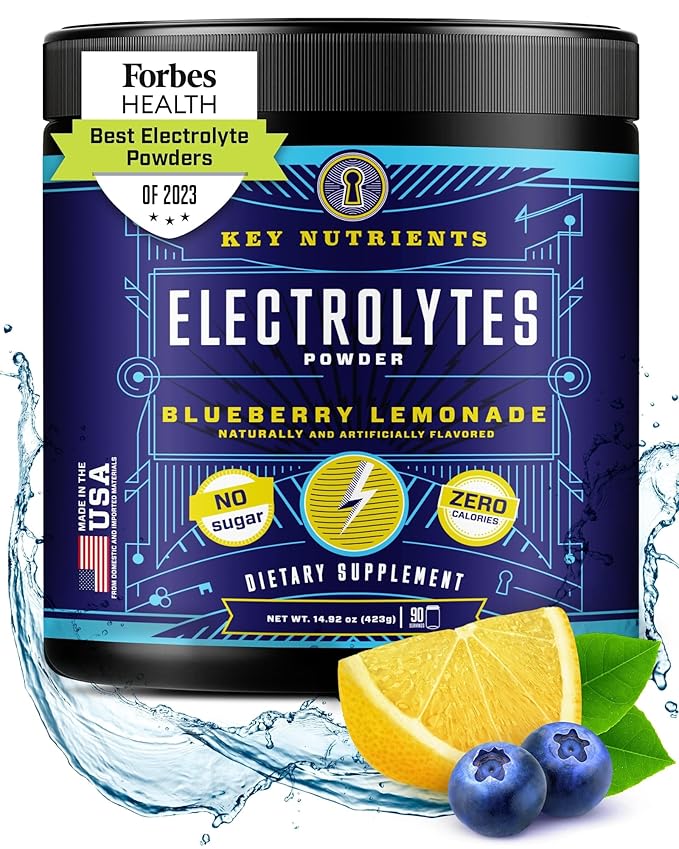 KEY NUTRIENTS Multivitamin Electrolytes Powder No Sugar - Fresh Blueberry Lemonade Electrolyte Powder - Endurance & Energy Supplement - Hydration Powder - No Calories - 90 Servings - Made in USA