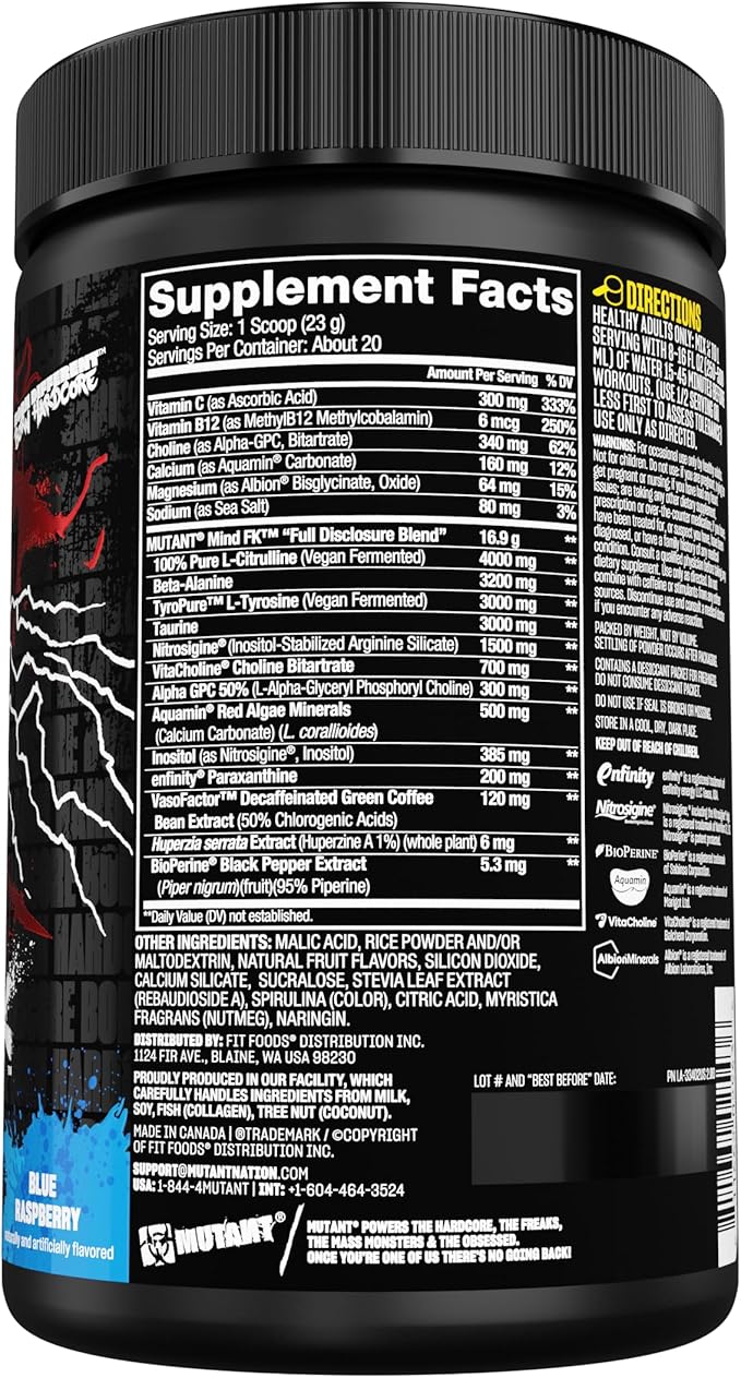 Mutant Mind FK - Epic Nootropic Pre-Workout - Brain Supplement for Mental Focus - 20 Serve - Blue Raspberry - 460g
