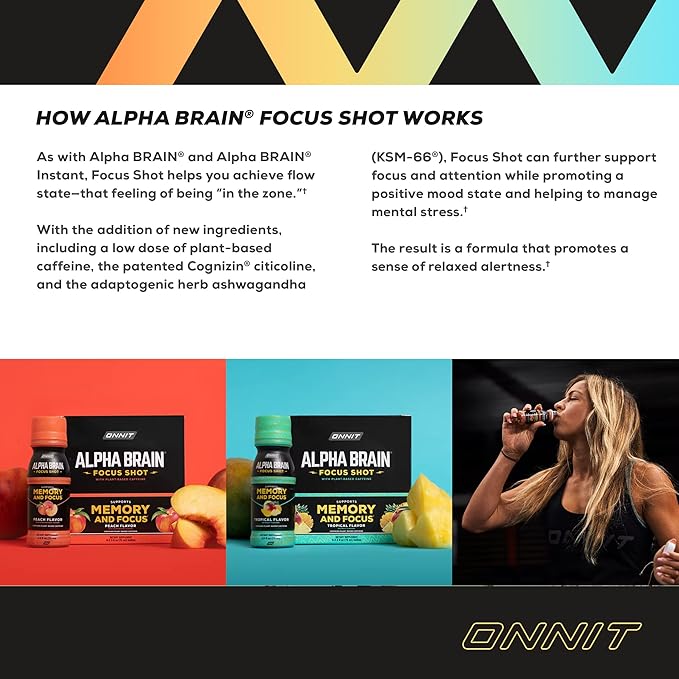 ONNIT Alpha Brain Focus Energy Shot Supplement - Energy, Focus, Mood, Stress, Brain Booster Drink - Peach (2.5 fl oz, 6 ct)