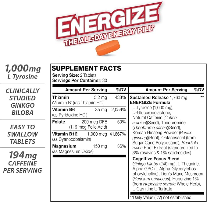 iSatori Energize Brain & Focus Caffeine Pills - Fast Acting All Day Energy Pills, Brain Booster, Energy and Focus Supplement, Time Release Caffeine Means No Jitters, No Crash (60 Tablets)