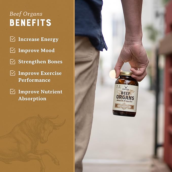 HEART & SOIL Beef Organs Complex — Grass Fed Liver, Heart, Kidney, Pancreas, and Spleen for Complete Nose to Tail Nutrition (180 Capsules)