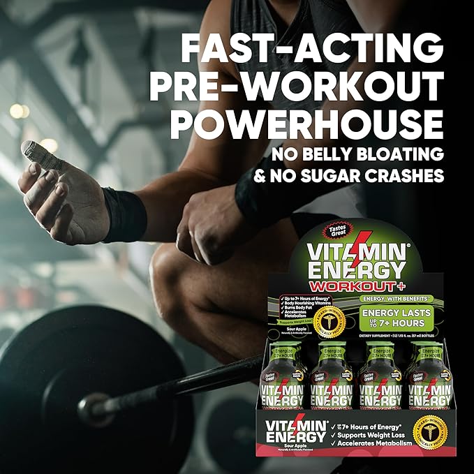 Vitamin Energy Pre Workout Drink - Keto Friendly Sugar Free Shots | Natural Clean Green Tea Caffeine with Proprietary Endurance Blend | Energize up to 7+ Hours - Sour Apple - 1.93 Fl Oz (Pack of 48)