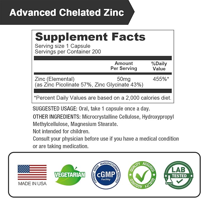 Lovita Zinc 50mg | Potent Highly-Absorbed Chelated Zinc Supplements, Picolinate & Bisglycinate | Vegan, Gluten Free, non-GMO | For Immune, Antioxidant Support & Healthy Skin | 200 Capsules (Pack of 3)