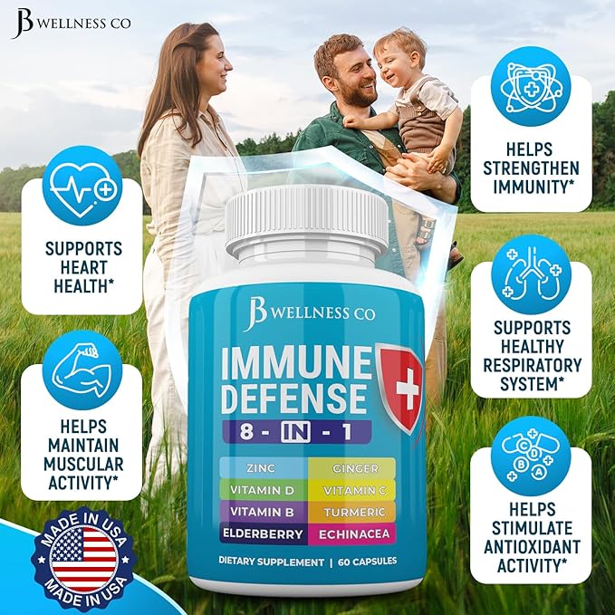 Immune Support 8 in 1 Capsules - Zinc Supplement, Vitamin D3 5000 IU, Vitamin C 1000MG and Elderberry - Immune Booster Ginger Root, and Turmeric - [2-Pack]