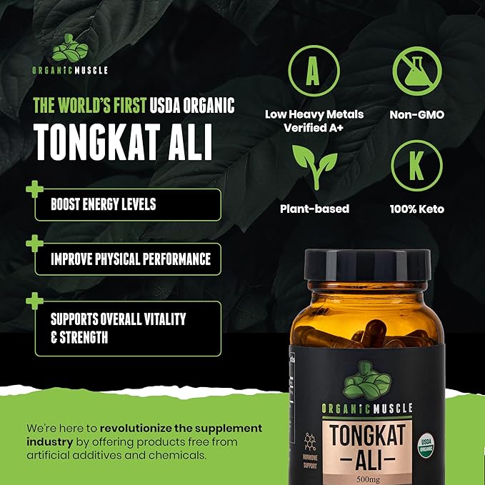 Organic Muscle Tongkat Ali for Men, 500mg - Pure & Potent USDA Eurycoma Longifolia Root Supplement 60 Count – Wild Grown Men's Health Hormone Support for Male Performance, Drive & Energizer
