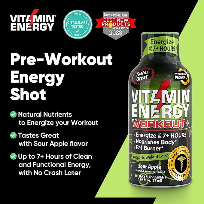 Vitamin Energy Pre Workout Drink - Keto Friendly Sugar Free Shots | Natural Clean Green Tea Caffeine with Proprietary Endurance Blend | Energize up to 7+ Hours - Sour Apple - 1.93 Fl Oz (Pack of 48)