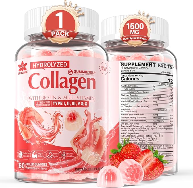 Sugar-Free Hydrolyzed Collagen Peptide Filled Gummies,Extra Strength 1500mg Protein Type I,II,III,V,X with 5000mcg Biotin Vitamin C A E D3 B6 B12 for Immune Digestion Skin Hair Nails Energy Bone Joint