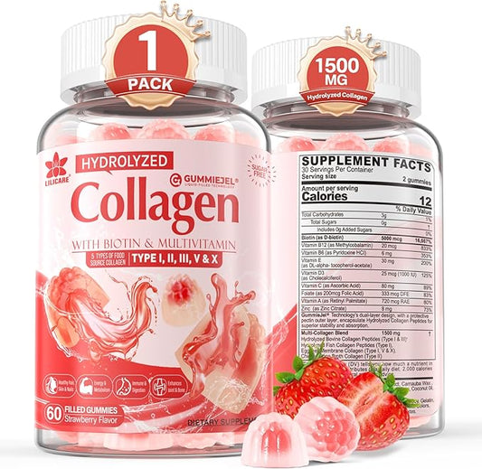 Sugar-Free Hydrolyzed Collagen Peptide Filled Gummies,Extra Strength 1500mg Protein Type I,II,III,V,X with 5000mcg Biotin Vitamin C A E D3 B6 B12 for Immune Digestion Skin Hair Nails Energy Bone Joint