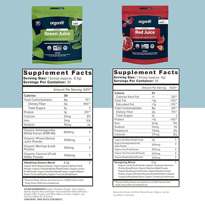 Organifi Green Juice and Red Juice Bundle - 30 Day Supply - Delicious, Refreshing Organic Superfood Supplement Powder With Antioxidants for Energy and Stress Relief Support - No GMO, Gluten, or Soy