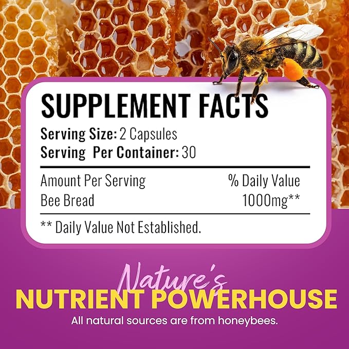 Bee Bread Supplement 100% Natural Raw Bee Bread in Veggie Caps Fermented Pollen Multivitamin, Probiotic Superfood, Vital Proteins, Amino Acids, Immune Support & Energy 60 Perga Capsules