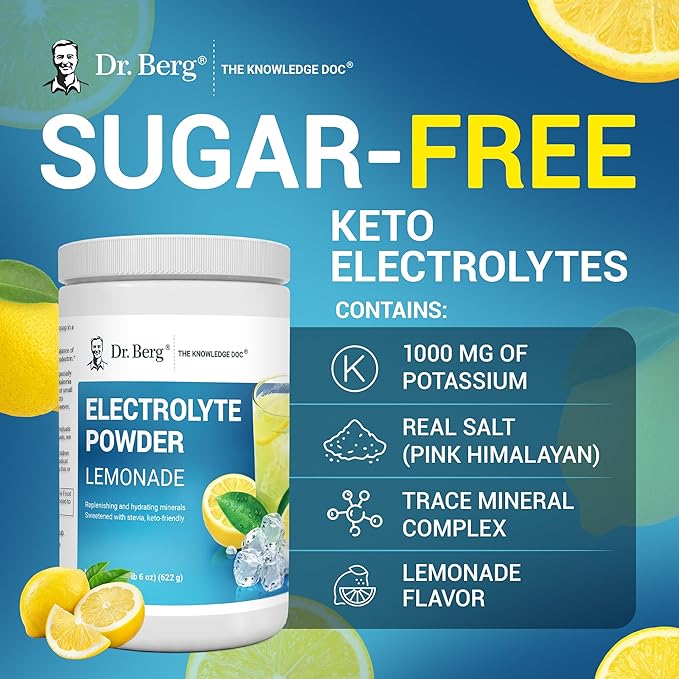 Dr. Berg Zero Sugar Hydration Keto Electrolyte Powder - Enhanced w/ 1000 mg of Potassium & Real Pink Himalayan Salt (NOT Table Salt) - Lemonade Flavor Hydration Drink Mix Supplement - 100 Servings