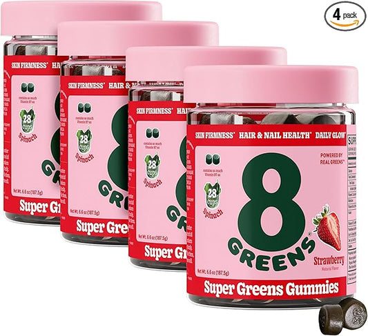 8Greens Supergreens Beauty Gummies with Collagen & Biotin | Super Greens Powder Superfood Gummy for Healthy Skin, Hair, Nails, Glow, and Firmness, Superfood Booster, Strawberry Flavored, 200 Count