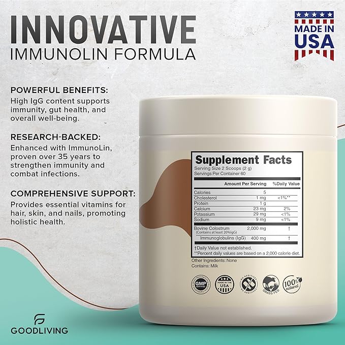 Colostrum Supplement Powder for Immune Support, Gut Health, Muscle Support & Wellness - Grass Fed Bovine Colostrum for Humans, Natural IgG Pure Whole Colostrum, Unflavored, 60 Servings