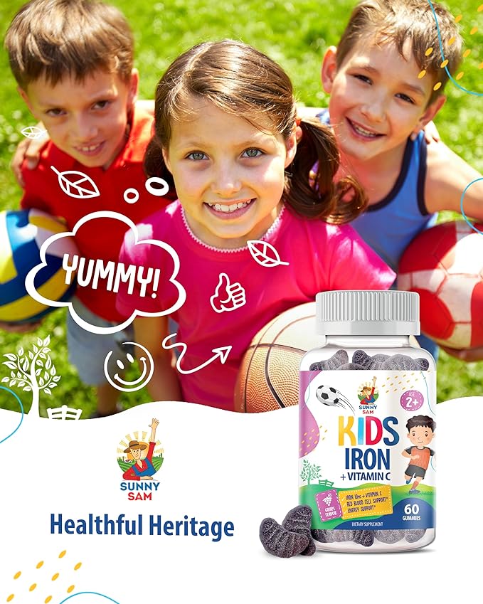 SUNNY SAM Iron Gummies for Kids & Teens - 10mg Iron Vitamins with Vitamin C - Low-Sugar Chewable Iron Gummy Supplement for Immune Support, Supports Red Blood Cell Production for Children & Teen Girls