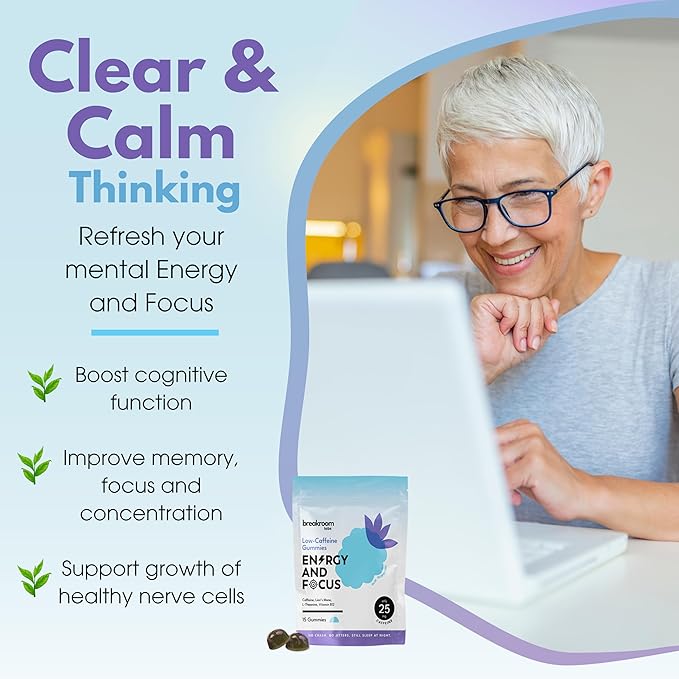 Energy and Focus Gummies - L-Theanine Caffeine, Lions Mane, Vitamin B12 - Low Sugar, Vegan Energy Chews + Brain Supplements for Memory and Focus - Blue Raspberry Flavor, 15 Servings