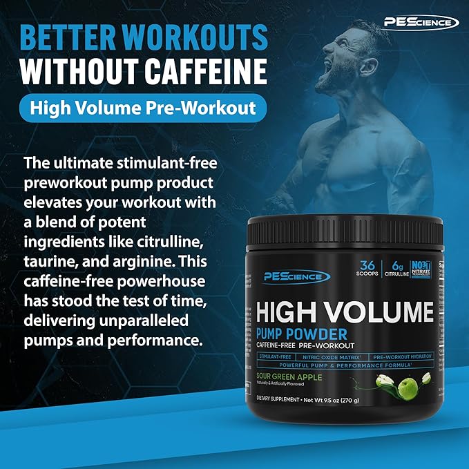 PEScience High Volume Nitric Oxide Booster Pre Workout Powder with L Arginine Nitrate, Green Apple, 36 Scoops, Caffeine Free