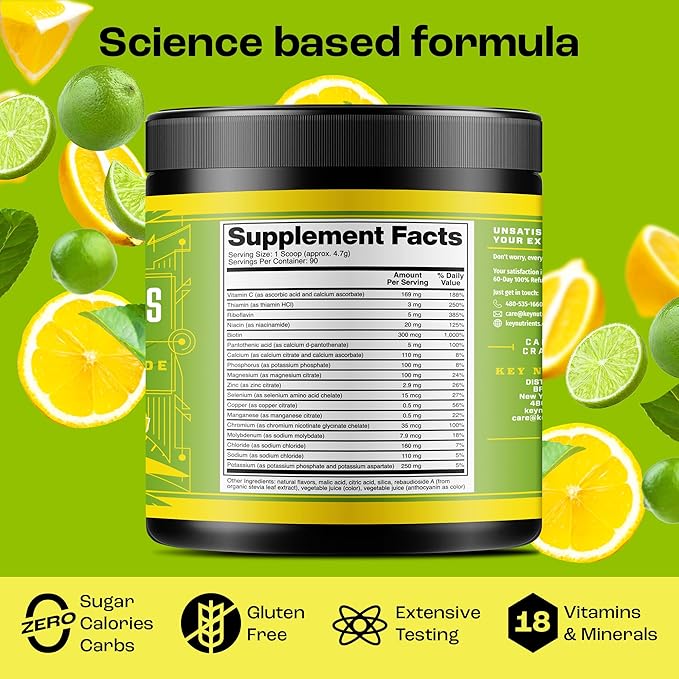 KEY NUTRIENTS Multivitamin Electrolytes Powder No Sugar - Refreshing Lemon Lime Electrolyte Powder - Endurance & Energy Supplement - Hydration Powder - No Calories - 90 Servings - Made in USA