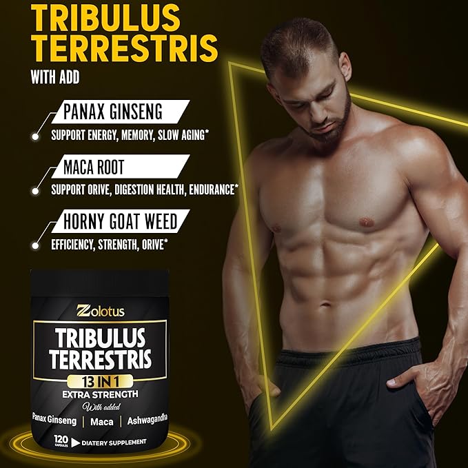 Zolotus 13in1 Tribulus Terrestris Capsules with Maca, Horny Goat Weed, Panax Ginseng, Saw Palmetto, Tongkat Ali, Shilajit & More - Energy, Stamina Supplement for Men & Women - 120 Counts
