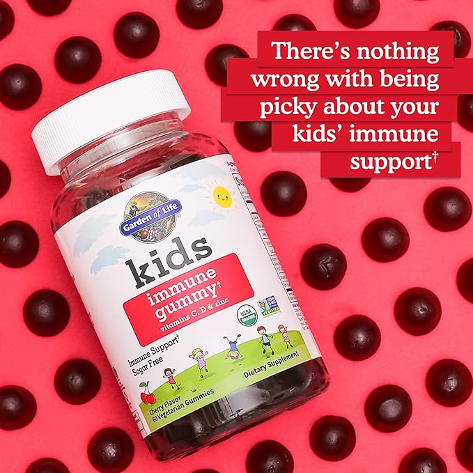 Garden of Life Kids Immune Support Gummies with Vitamin C, D as D3 & Zinc for 3-in-1 Daily Children’s Immunity – Organic, Non-GMO, Gluten-Free, Vegetarian, Sugar Free, Cherry Flavor, 30 Day Supply