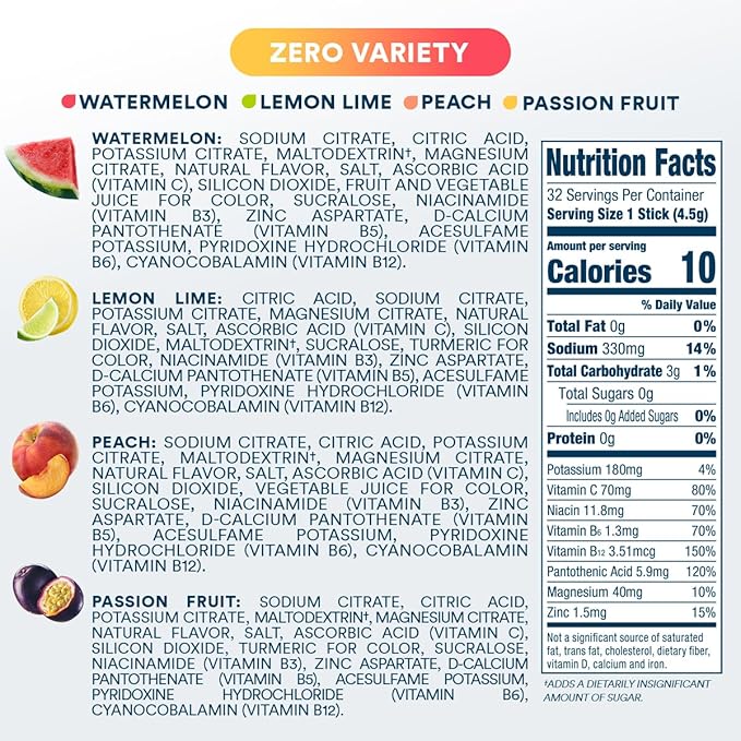 DripDrop Hydration - Zero Sugar Variety Pack - Electrolyte Drink Mix Hydration Powder Packets - Lemon Lime, Watermelon, Peach, Passion Fruit | Non-GMO, Gluten Free, Vegan | 32 Sticks