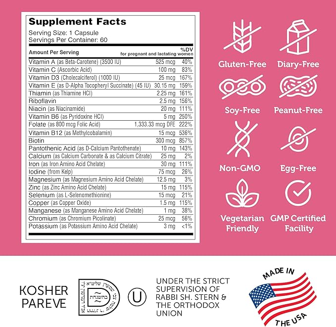 Zahler - Total One Prenatal Vitamins for Women (60 Count) Daily Multi Vitamin Prenatals with Folic Acid, Iron, Zinc & 19 Other Essential Vitamins & Minerals - Kosher Pre Natal Multivitamin Capsules