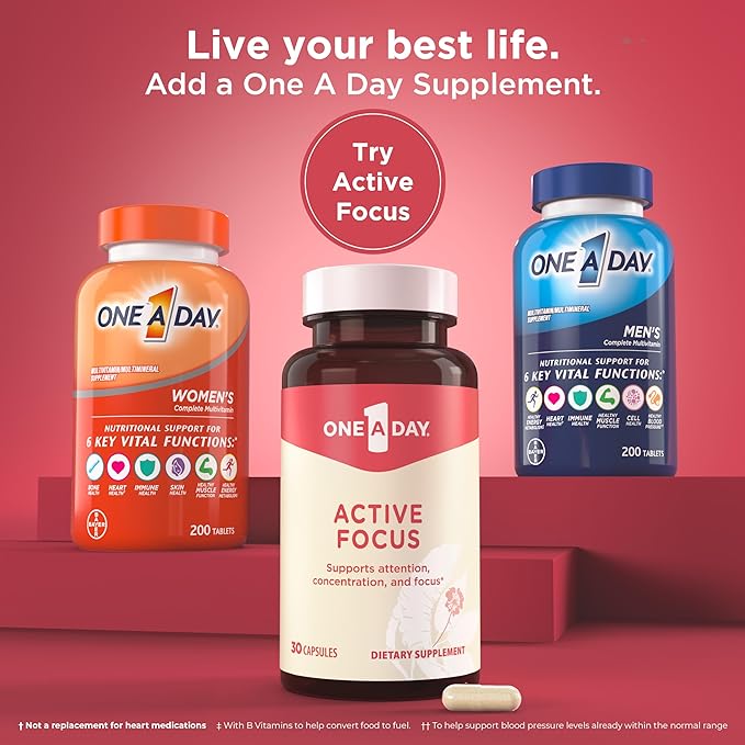 One A Day Brain Supplement – Brain Supplements for Memory and Focus Support, Concentration and Focus Support, Focus Supplement for Adults with L-theanine, Caffeine and Ginseng, 30 Capsules