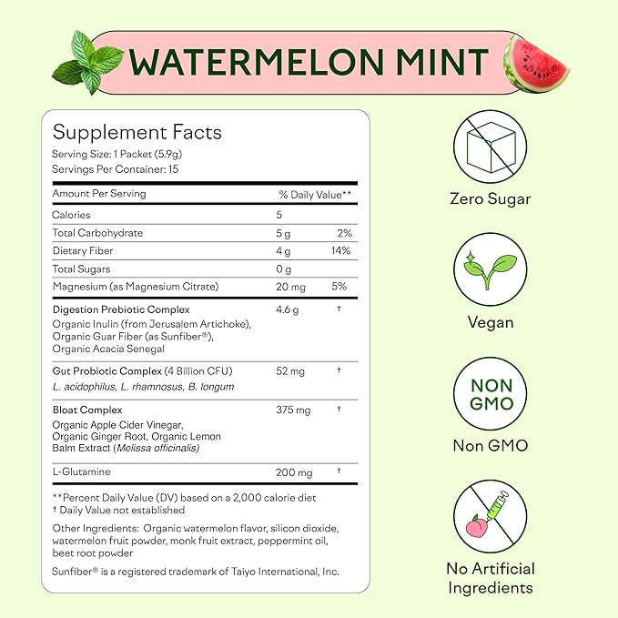 Feel Goods Gut Guardian, Prebiotic & Probiotic Powder, Organic Fiber, Sugar Free, Herbs for Bloat, Gut Health Support, Digestive Health for Men & Women, Non GMO, Vegan | Watermelon Mint, 15 Count