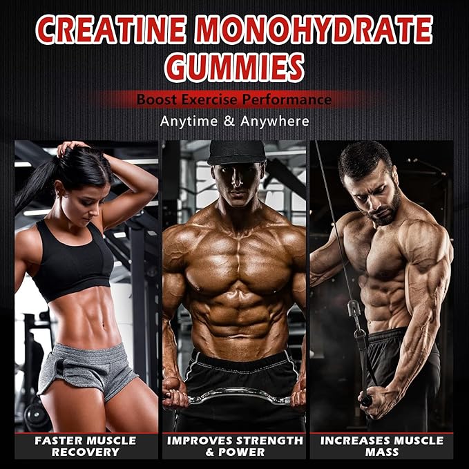 Creatine Monohydrate Gummies 5000mg Sugar Free for Men & Women, with L-Taurine + Vitamin B12 for Muscle Strength, Muscle Builder, Energy Boost, Pre-Workout Supplement, Strawberry, 120 Count