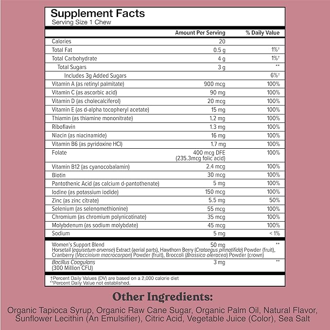 Chewsy Women's Multivitamin Chews, Immune & Energy Support, Vitamins C, B12, A, D, E, Folic Acid, Probiotics, Biotin, Cranberry, Adult Chewable Vitamin, Individually Wrapped Fruity Chews-6 Day Supply