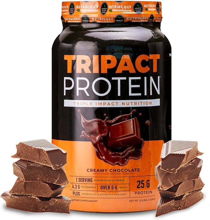 Nutrology TRIPACT Protein Powder, Creamy Chocolate, 7-in-1 Meal Replacement Shake with Grass Fed Whey Protein Powder, Pea Protein Powder, Greens, Probiotics & BCAAs, 40 Servings
