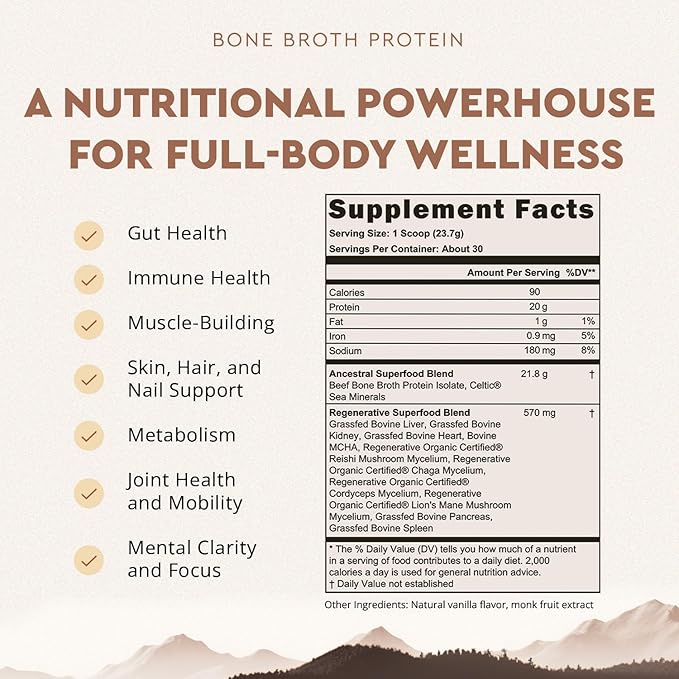 Ancestral Supplements Grass Fed Protein Powder, Vanilla, Beef Bone Broth Based with Beef Organs & Organic Mushrooms, Gut Health Support, High Protein Supplement, 20g Protein Per Serving, 30 Day Supply