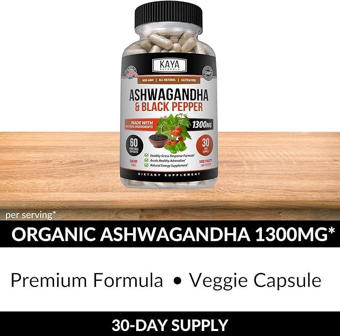 Kaya Naturals Organic Ashwagandha Capsules Extra Strength - Stress Relief Formula, Natural Mood Support, Stress, Focus, and Energy Support Supplement, 60 Capsules