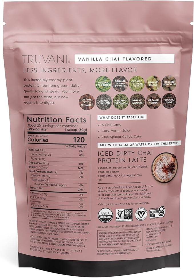 Truvani Vegan Pea Protein Powder | Vanilla Chai | 20g Organic Plant Based Protein | 20 Servings | Keto | Gluten & Dairy Free | Low Carb | No Added Sugar